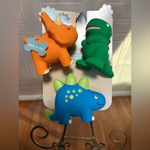 Dinosaur Squeaky Toy Set - Orange, Green, Blue Fringe - Set Of 3 Latex D…